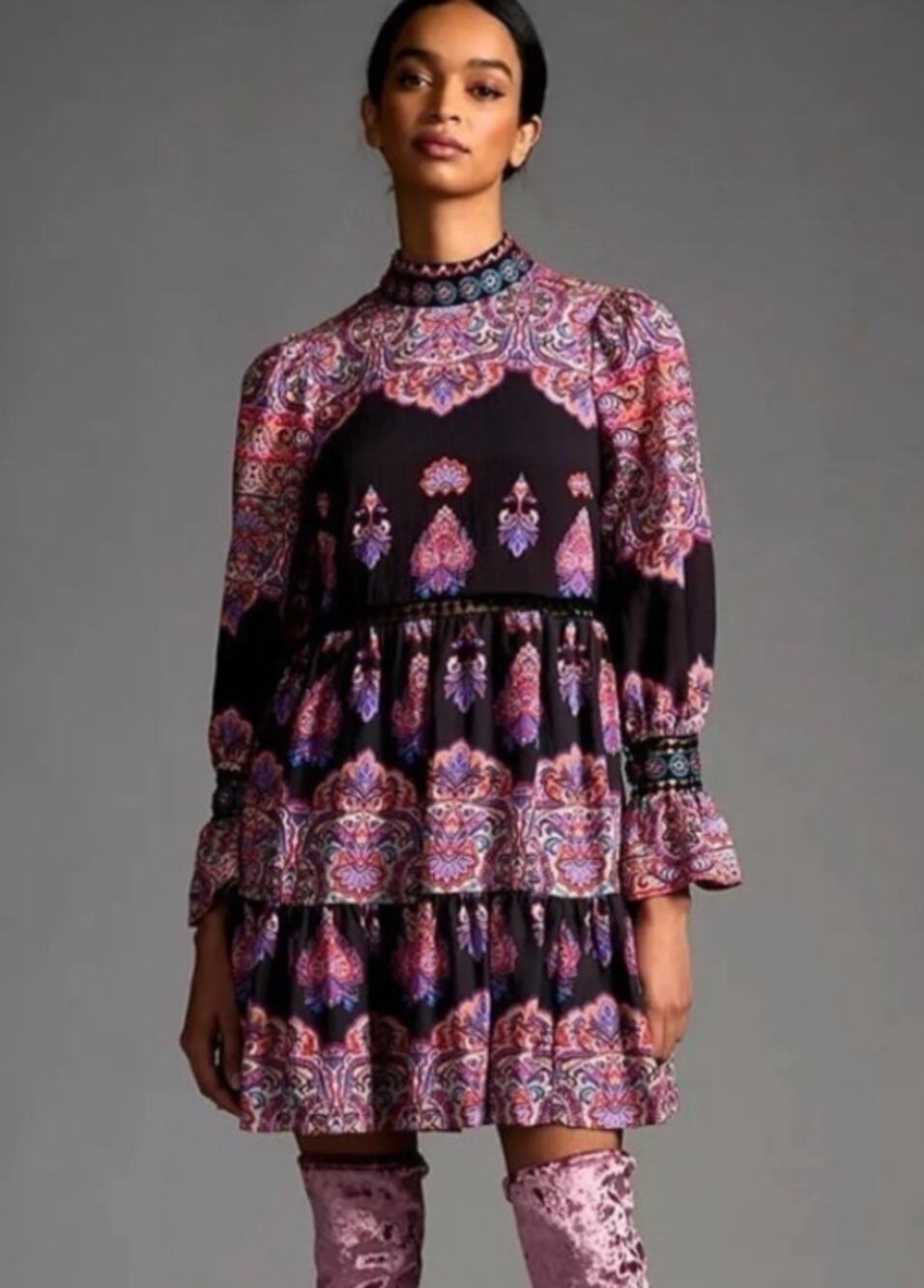 Anthropologie 4 Tiered Mixed Print Beaded Ruffle Long Sleeve Mini Dress